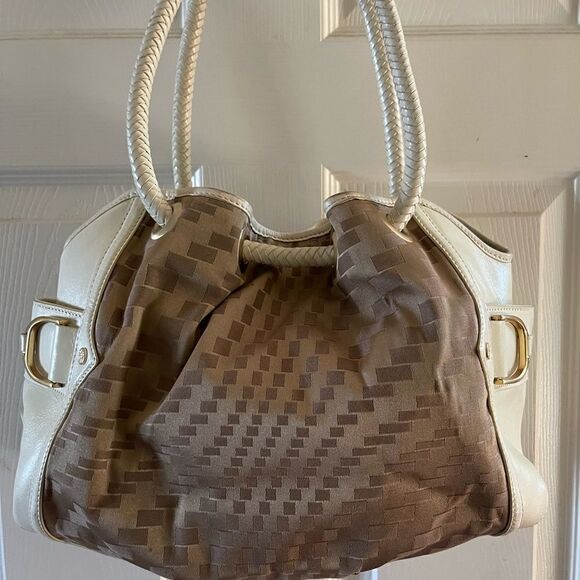 Cole Haan golden brown checkered fabric & beige leather tote gold tone a… - Picture 3 of 10